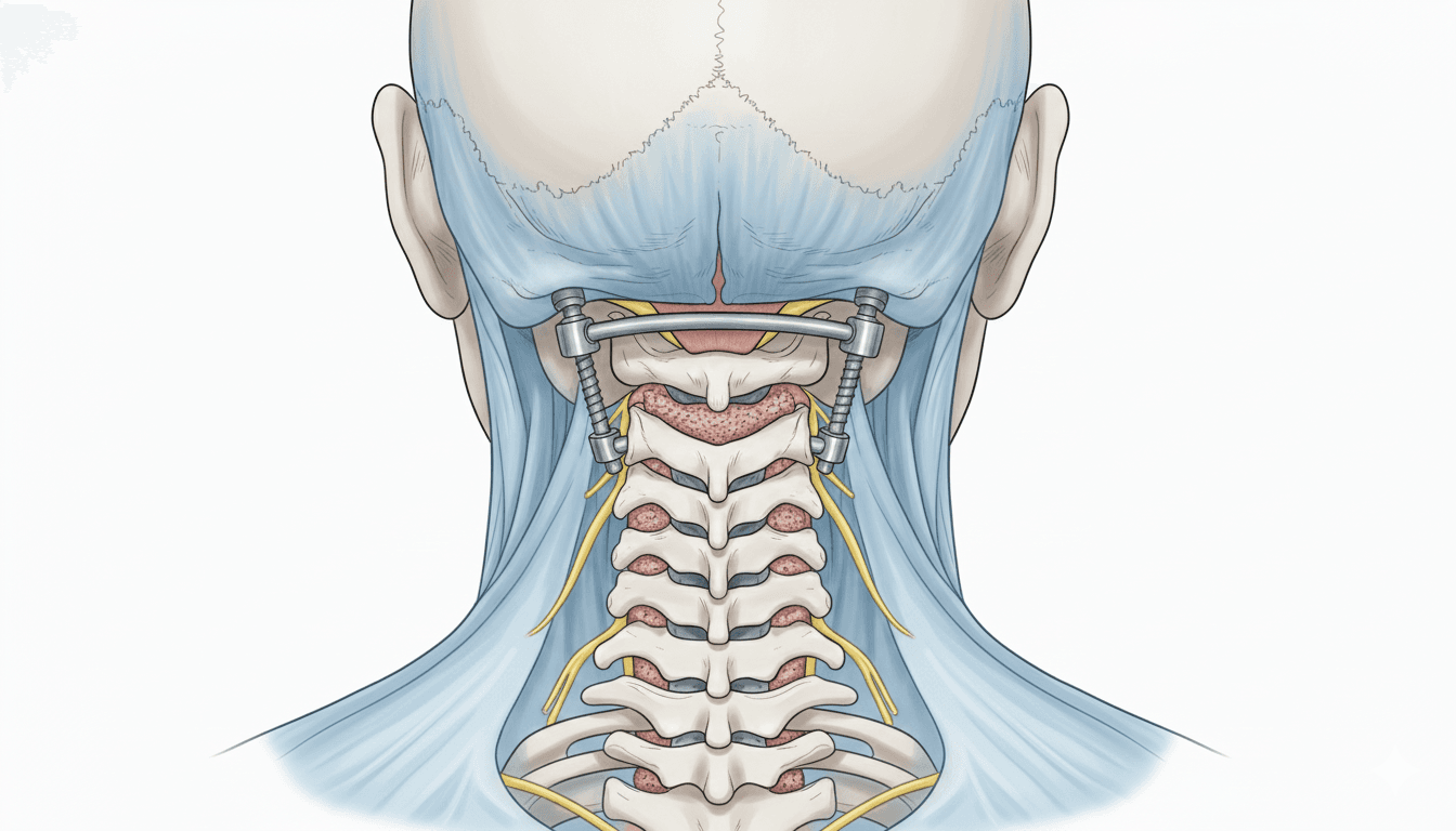 Ilustración de artrodesis atlanto-axoidea C1–C2 para estabilizar la columna cervical alta.