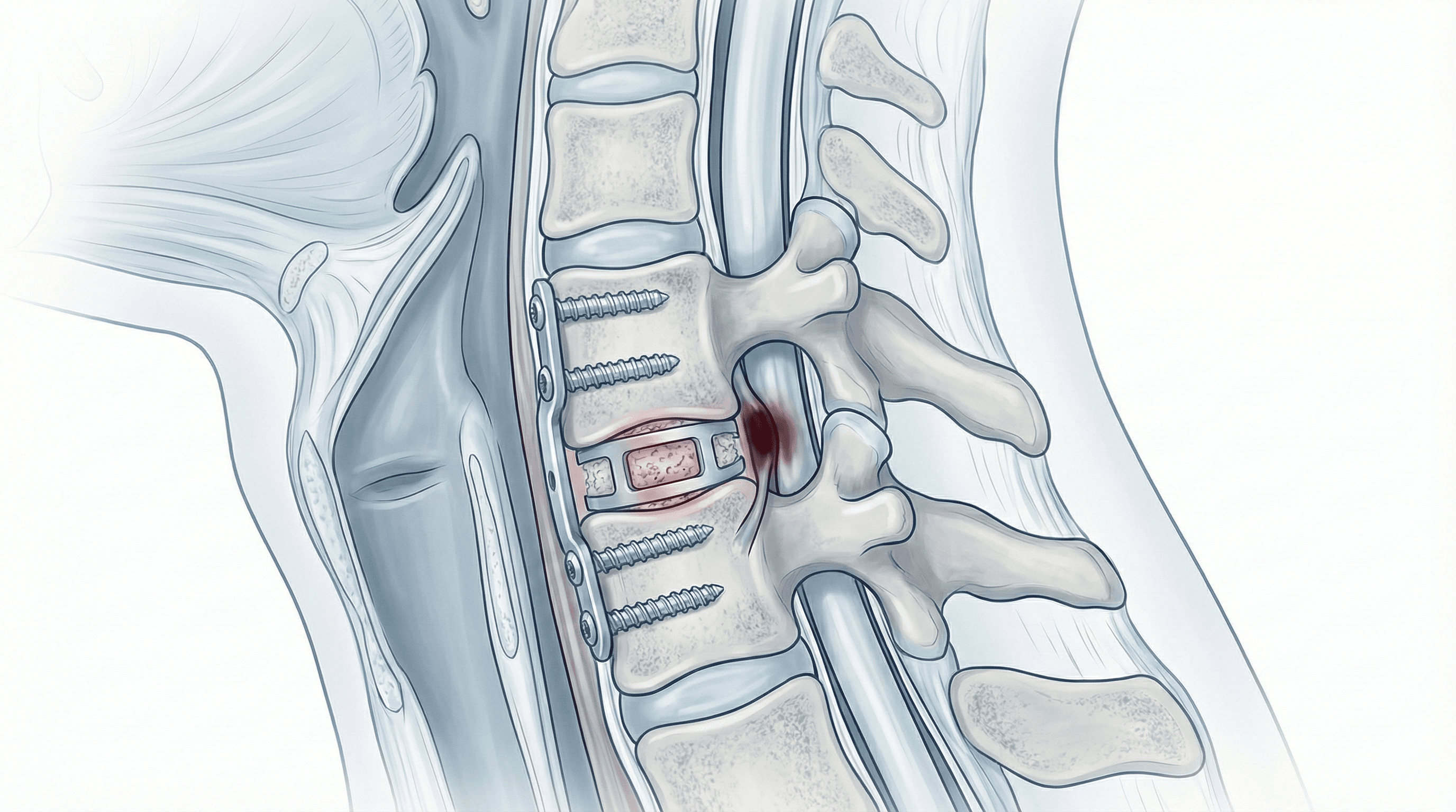 Ilustración de artrodesis cervical anterior con placa.