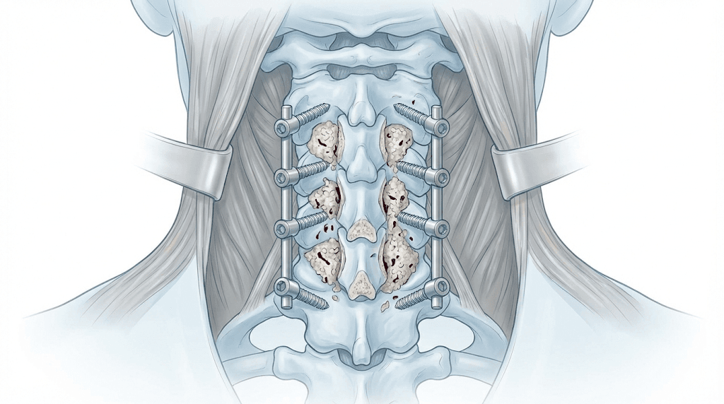 Ilustración de artrodesis cervical posterior con tornillos y barras.