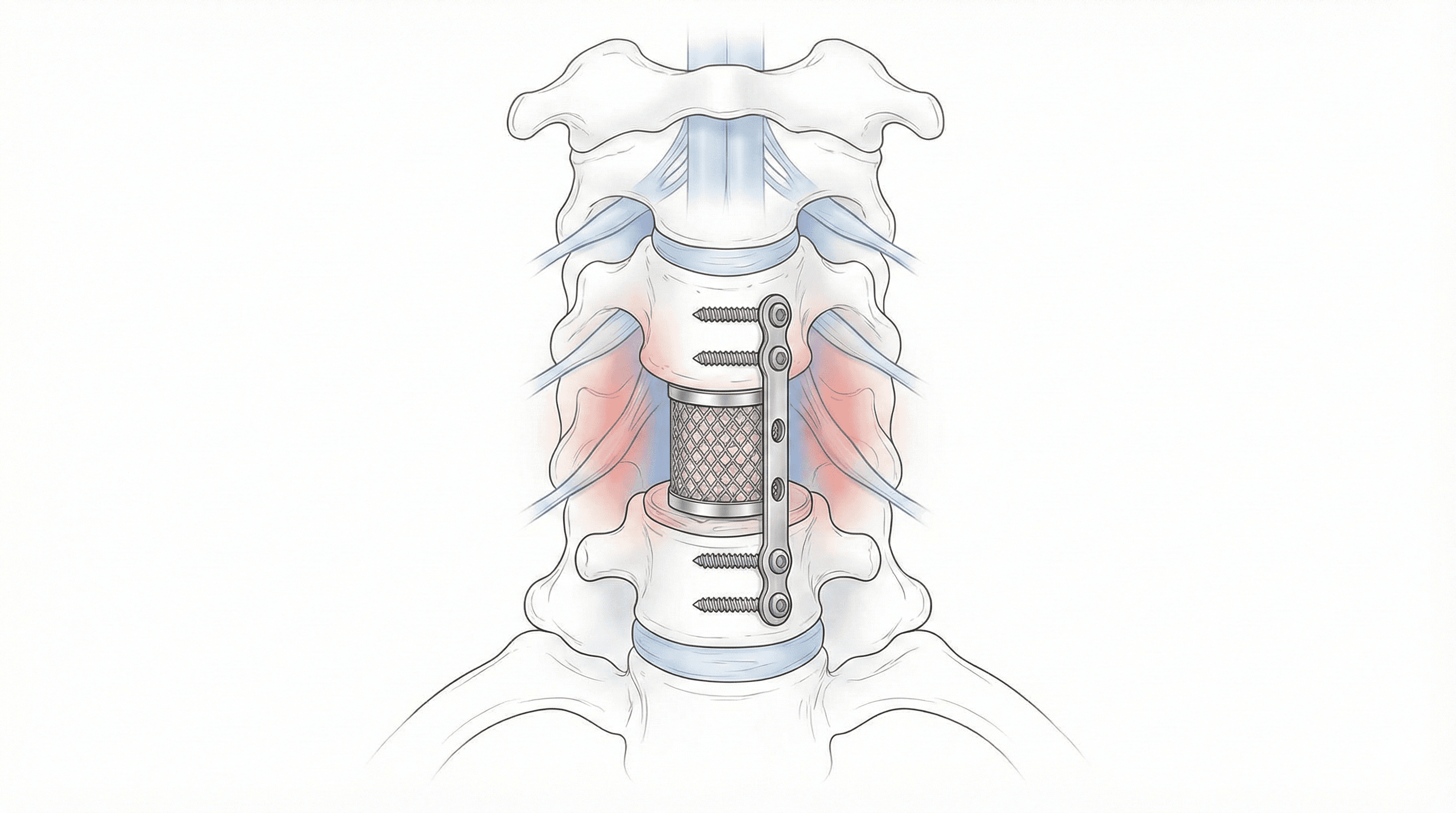 Ilustración de corpectomía cervical para descomprimir la médula.