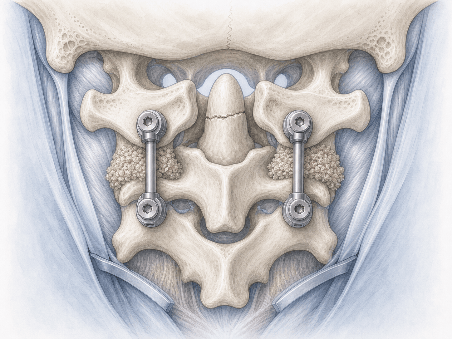 Anatomische Illustration der oberen Halswirbelsäule mit einer Dens-Fraktur, stabilisiert durch eine dorsale C1-C2-Fixation (Goel-Harms): Schrauben in der Massa lateralis C1 und im Pedikel C2, verbunden durch Titanstäbe.