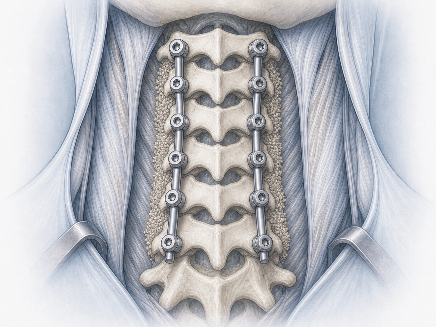 Illustration der hinteren zervikalen Fixation mit Massa-lateralis-Schrauben und Stäben nach posttraumatischer Bandverletzung der Halswirbelsäule.