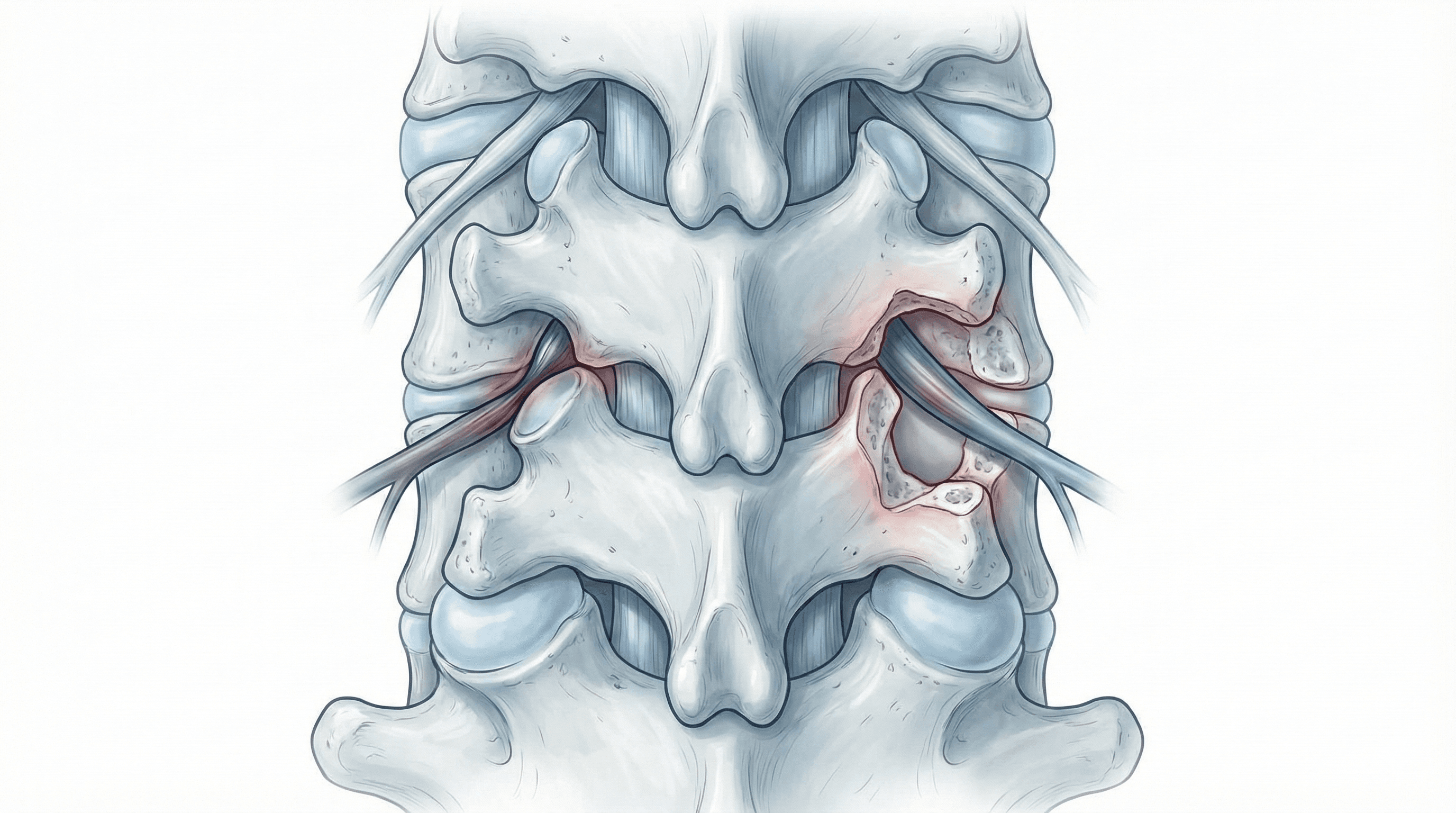 Ilustración de foraminotomía cervical para liberar la raíz nerviosa.