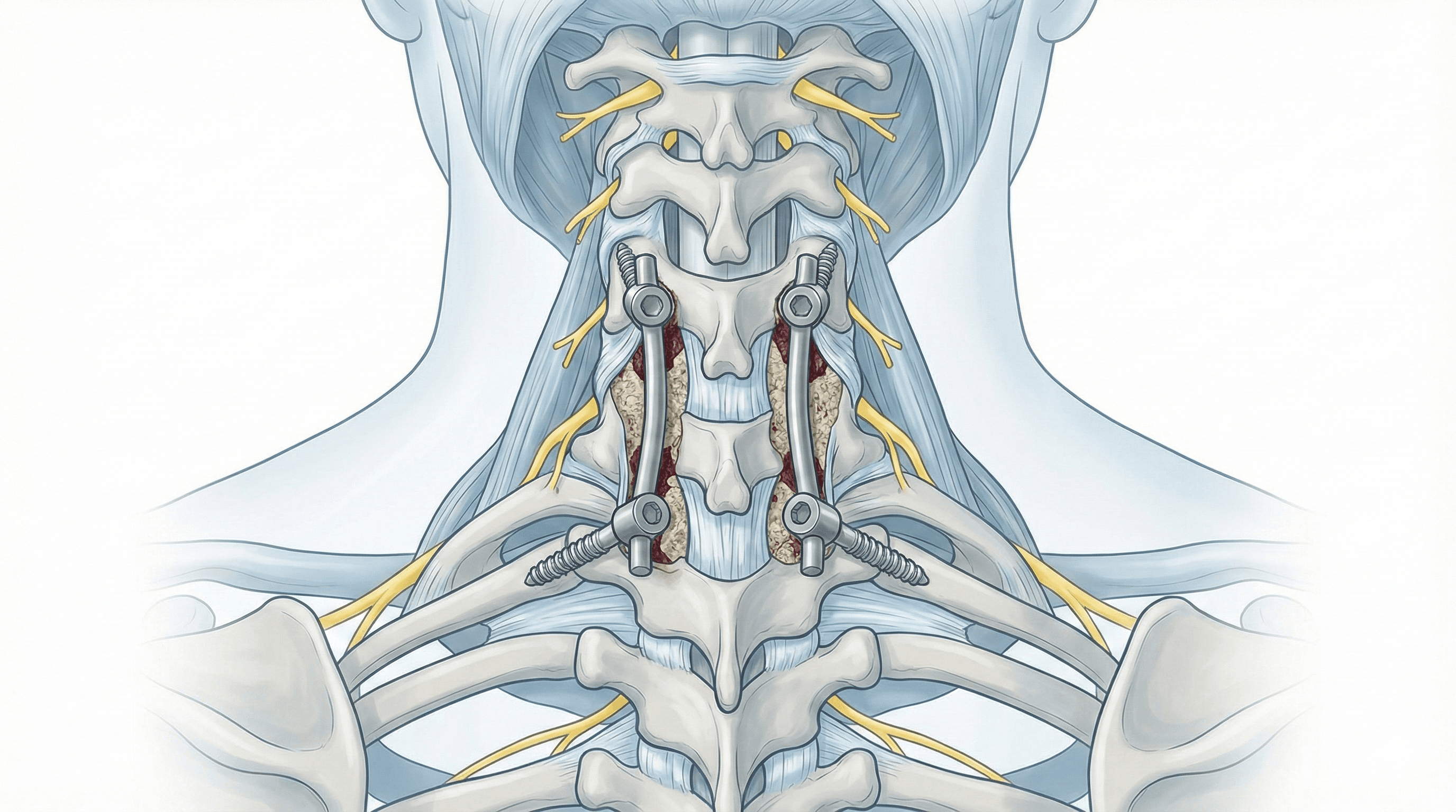 Ilustración de fusión cervicotorácica para estabilizar la columna.