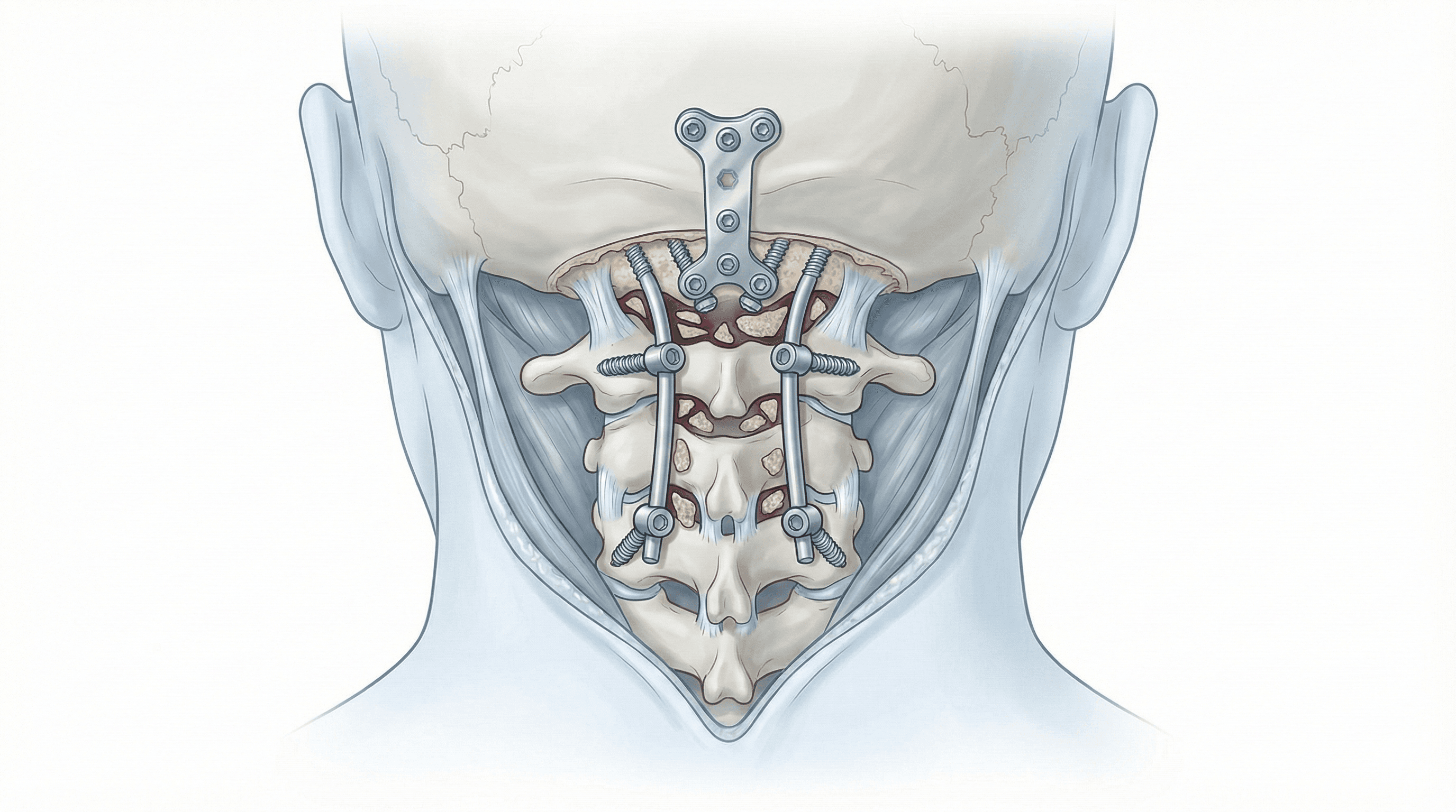 Ilustración de fusión occipitocervical para estabilizar la unión craneocervical.