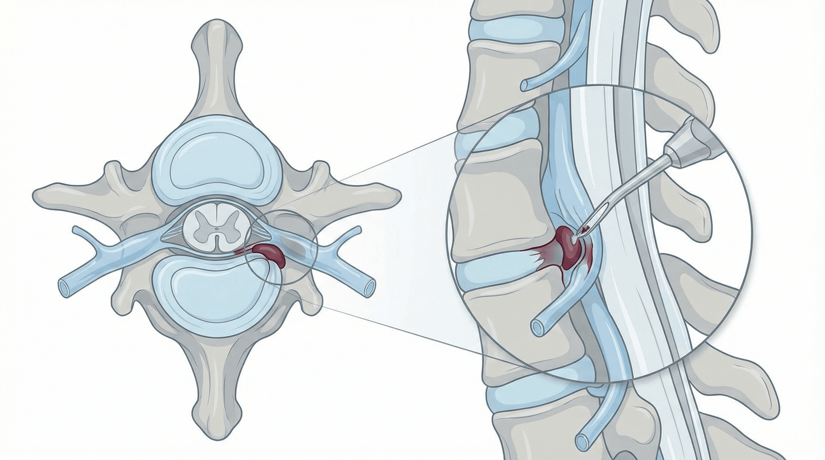 Ilustración médica de microdiscectomía cervical para aliviar la compresión nerviosa.