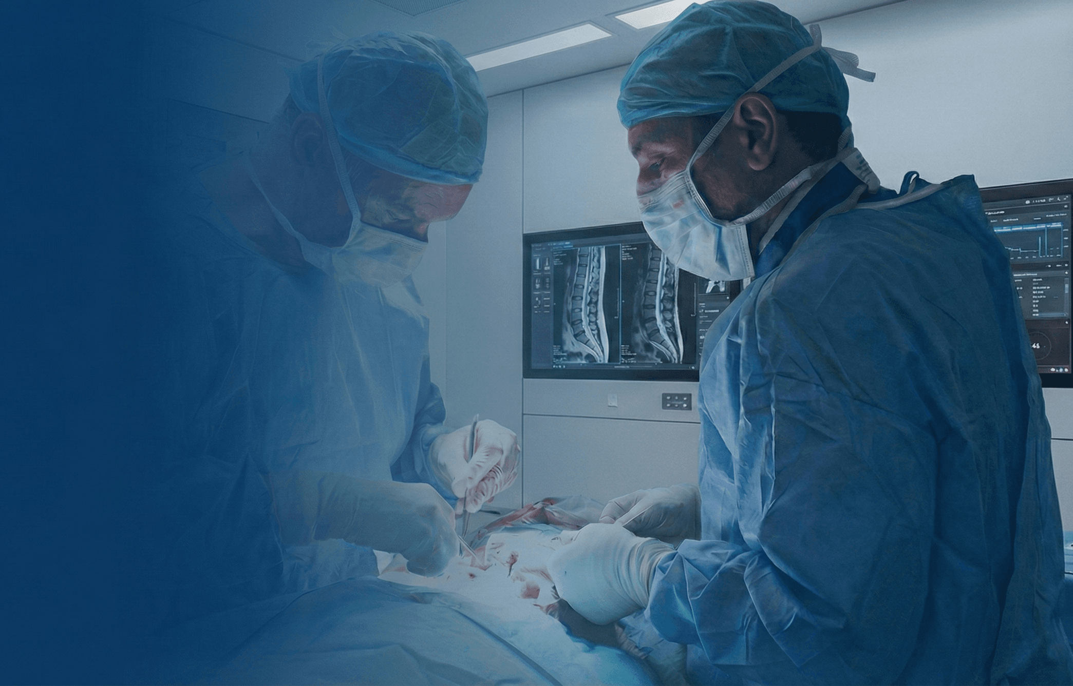 Dr. Karim Ben Ghezala realizando una cirugía de columna vertebral en quirófano