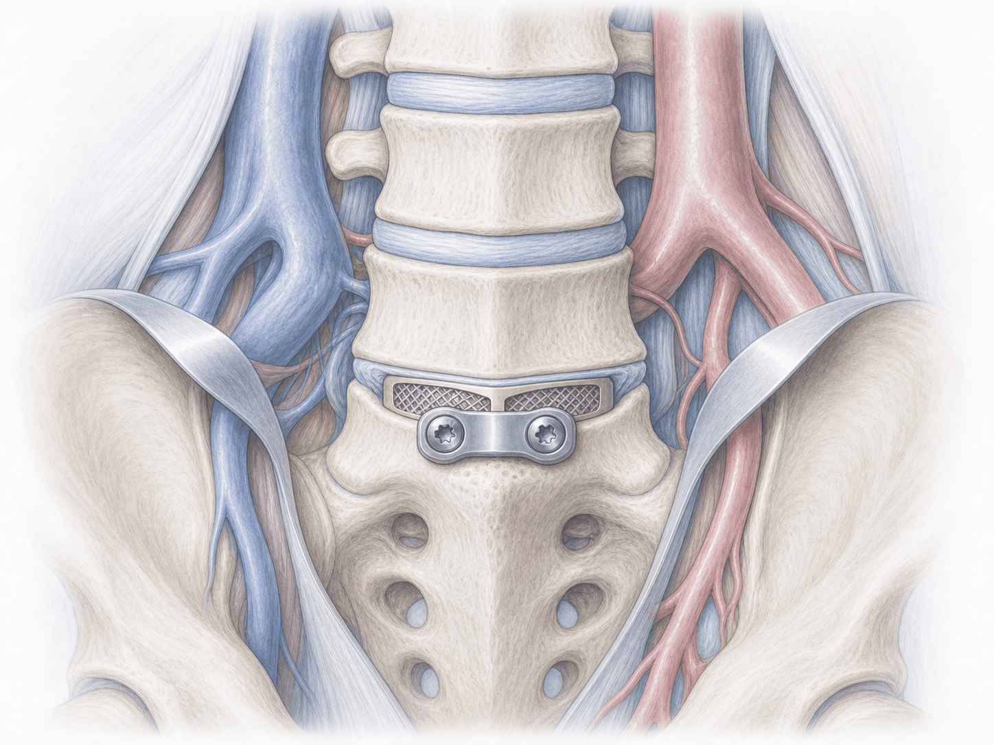 Anterior lumbar interbody fusion (ALIF) illustration showing the interbody cage at L5-S1 via an anterior retroperitoneal approach.