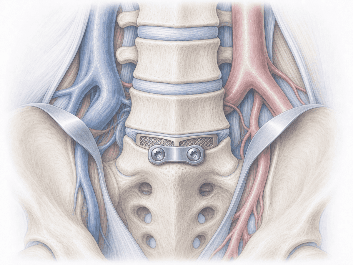 Ilustración de fusión intersomática lumbar anterior (ALIF) con caja intersomática colocada en L5-S1 mediante abordaje retroperitoneal anterior.