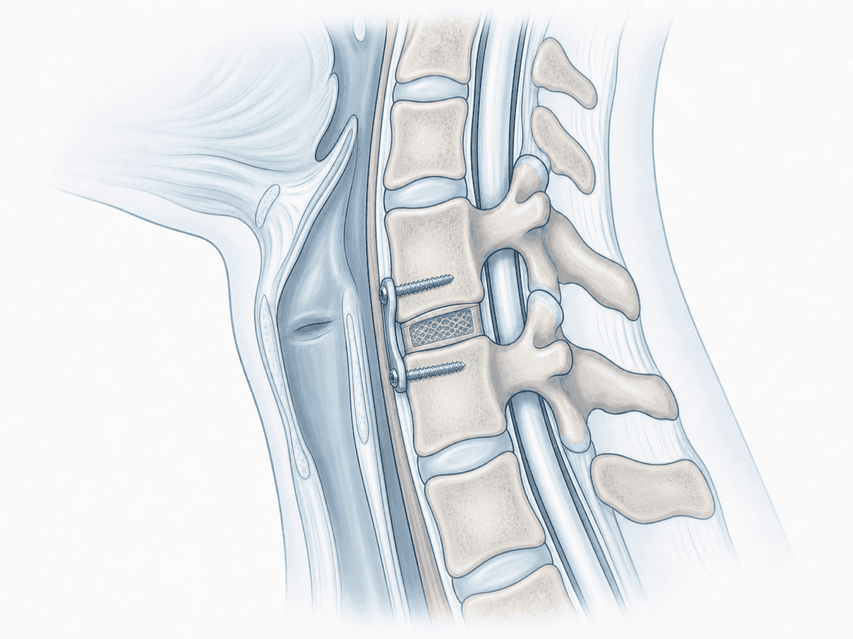 Ilustración anatómica de artrodesis cervical anterior con caja intersomática y placa fijada con tornillos.