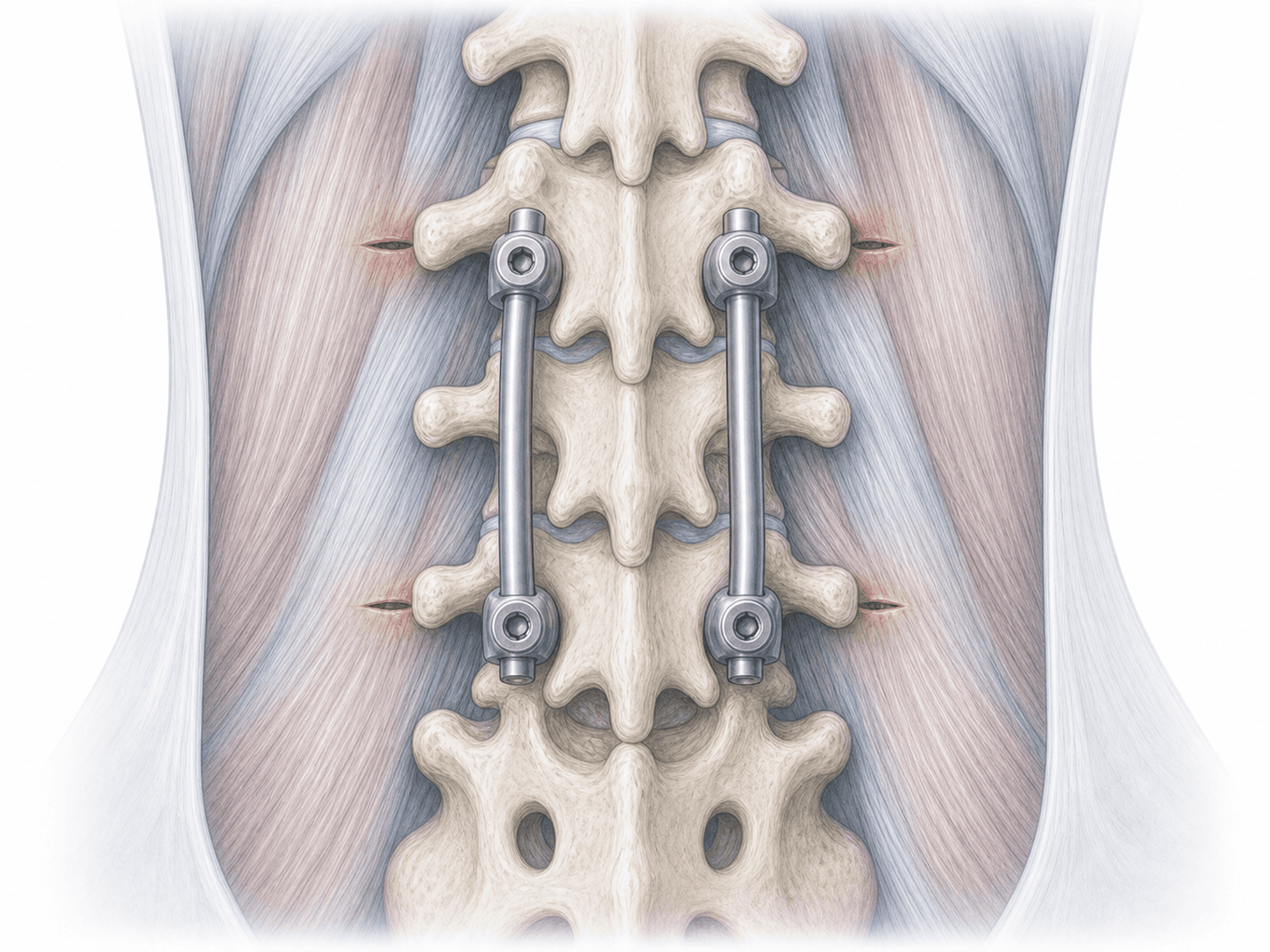 Illustration of minimally invasive lumbar fusion showing percutaneous pedicular screws and rods placed through small skin incisions.