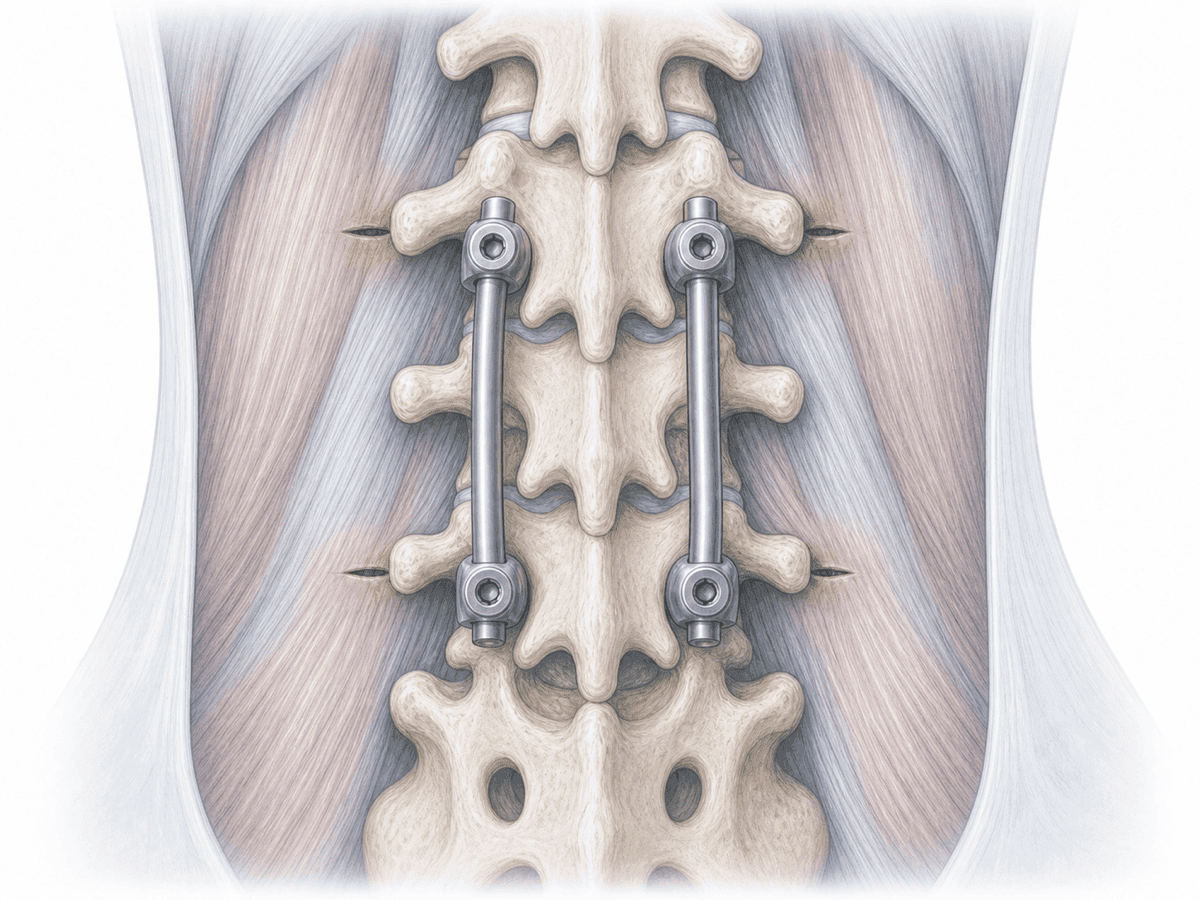 Ilustración de artrodesis lumbar mínimamente invasiva con tornillos pediculares percutáneos y barras colocados a través de pequeñas incisiones.