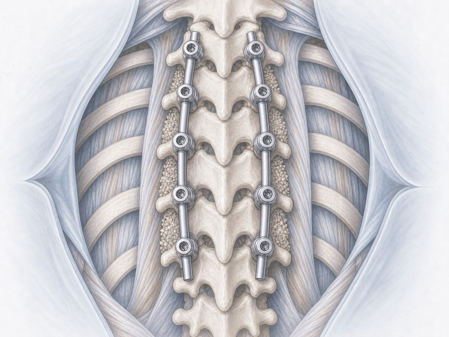 Ilustración de artrodesis torácica posterior con tornillos pediculares y barras en la columna dorsal.