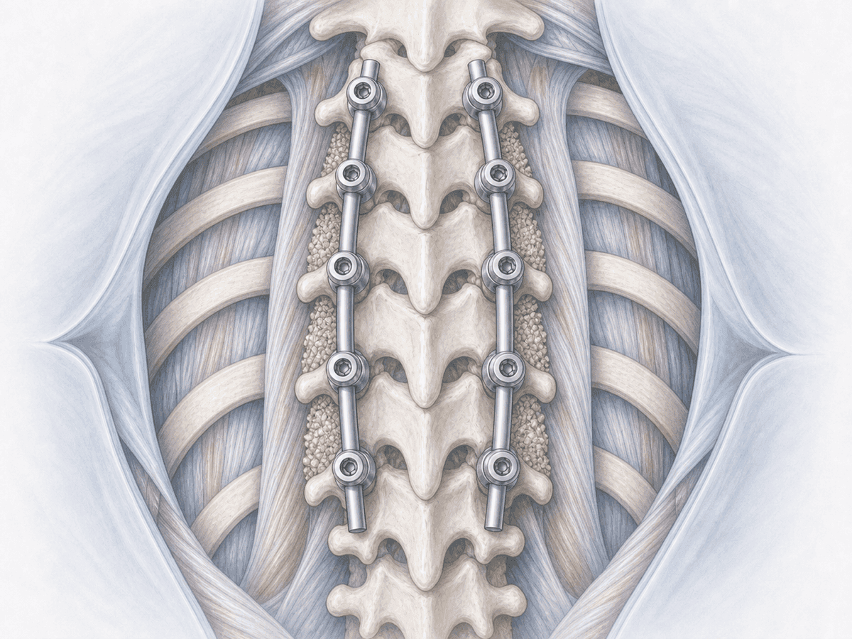 Ilustración de artrodesis torácica posterior con tornillos pediculares y barras en la columna dorsal.