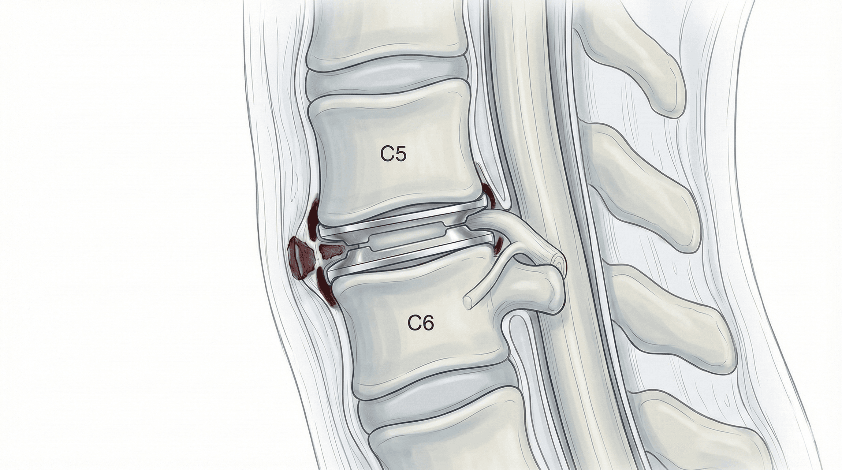 Ilustración de artroplastia discal cervical con prótesis de disco.