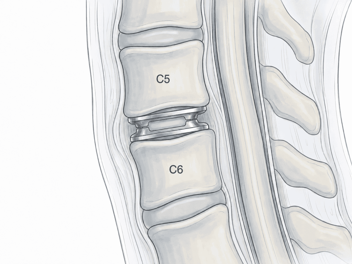 Ilustración de artroplastia discal cervical con prótesis móvil que preserva el movimiento del segmento.
