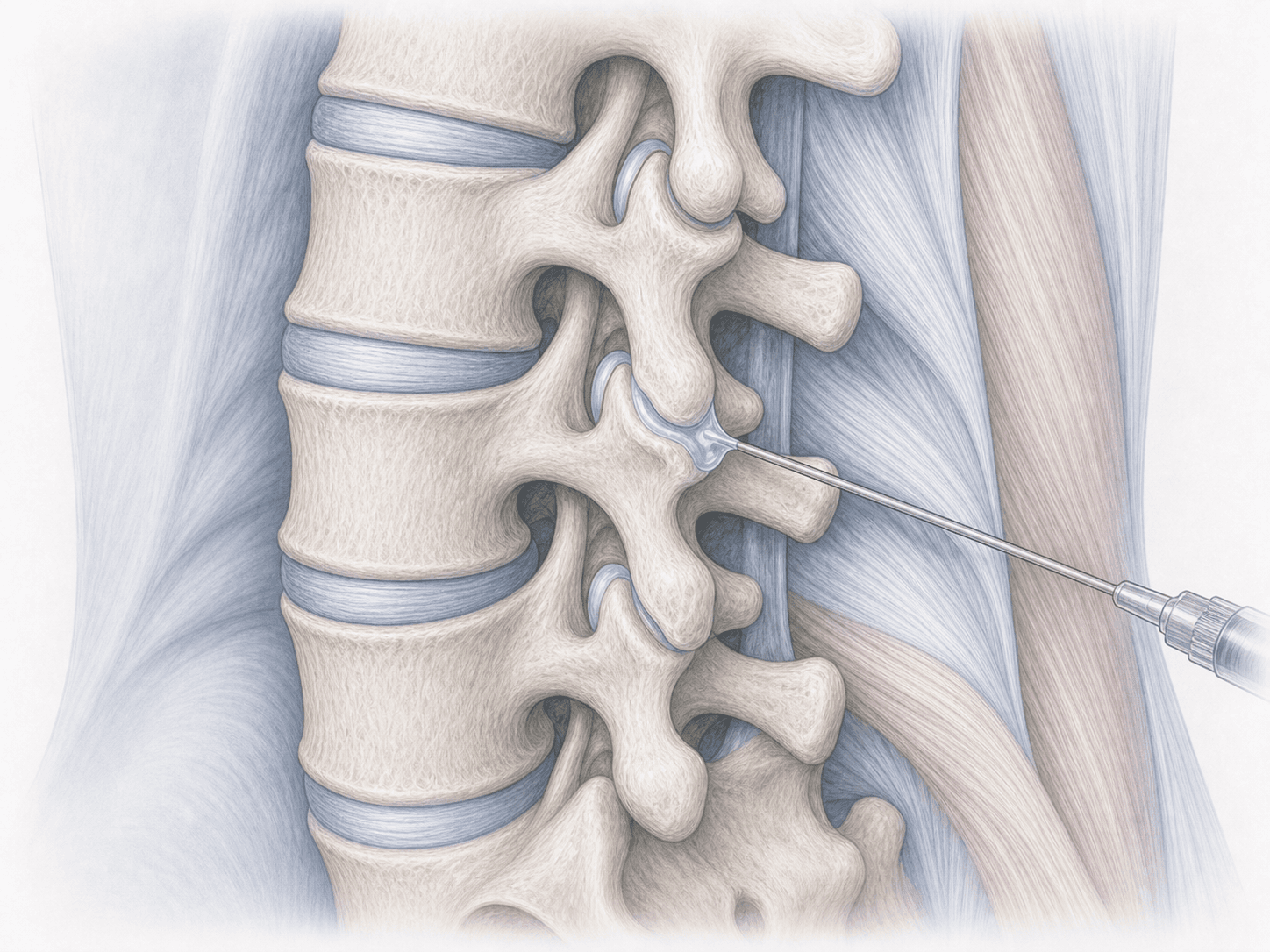 Ilustración de bloqueo facetario lumbar: aguja guiada por fluoroscopia infiltrando una articulación facetaria.