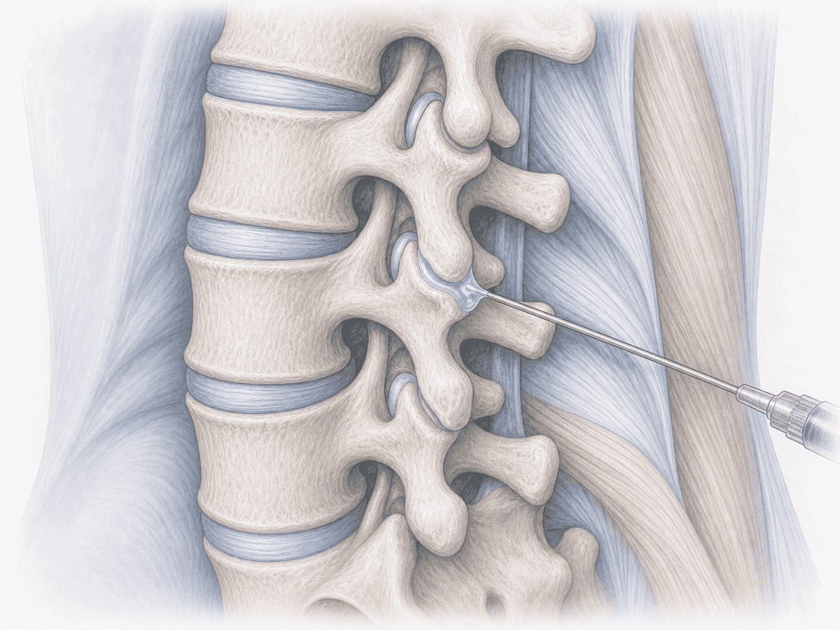 Ilustración de bloqueo facetario lumbar: aguja guiada por fluoroscopia infiltrando una articulación facetaria.