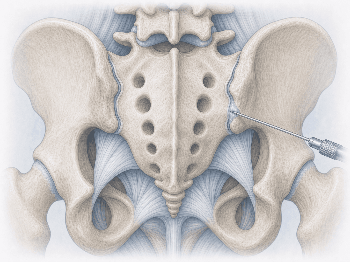 Ilustración de infiltración intraarticular de la articulación sacroilíaca bajo control fluoroscópico.