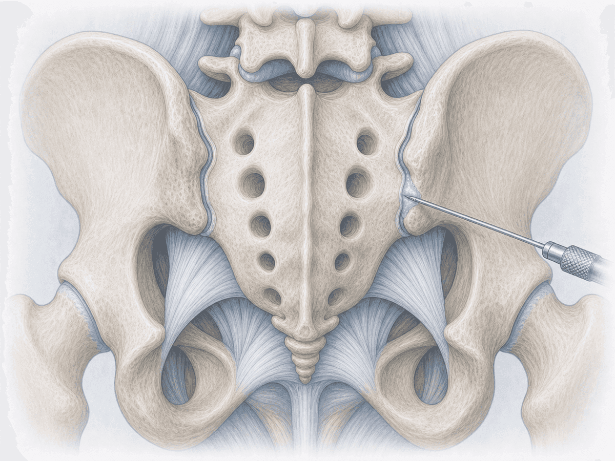 Ilustración de infiltración intraarticular de la articulación sacroilíaca bajo control fluoroscópico.