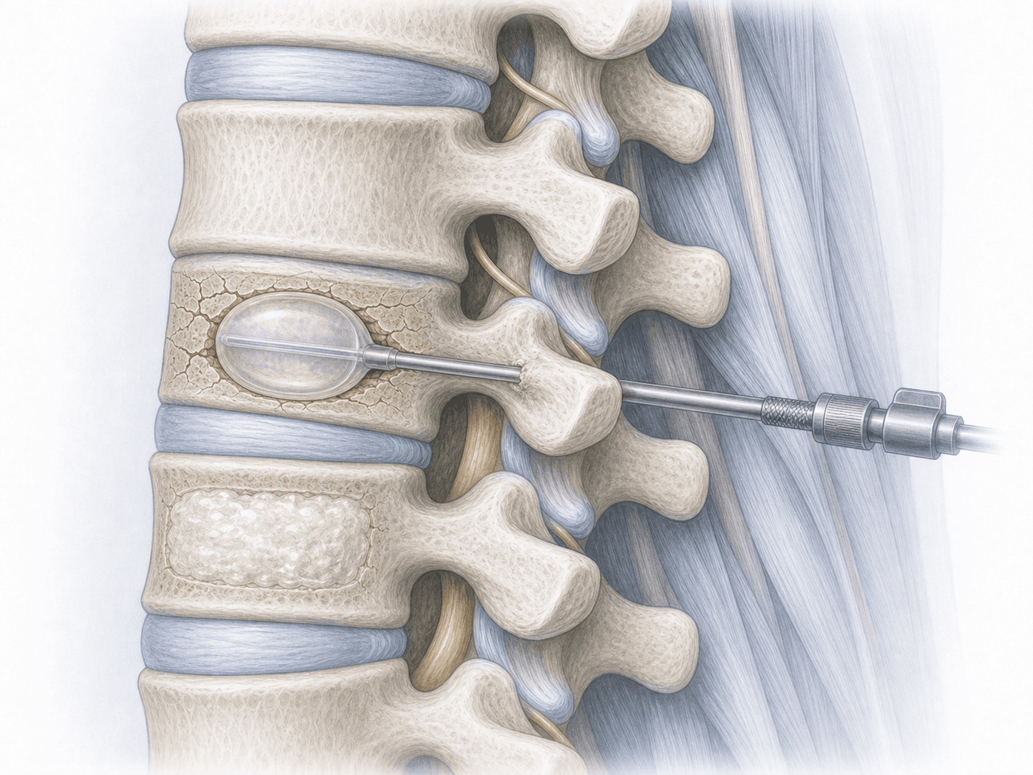 Ilustración de cifoplastia: balón inflable expandiendo un cuerpo vertebral lumbar L1 fracturado y cemento óseo PMMA estabilizando la fractura.