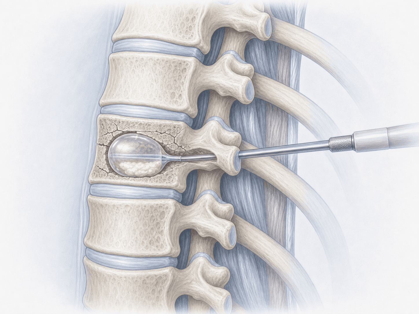 Ilustración de cifoplastia torácica: balón inflable restaurando la altura del cuerpo vertebral y cemento óseo PMMA estabilizando la fractura.