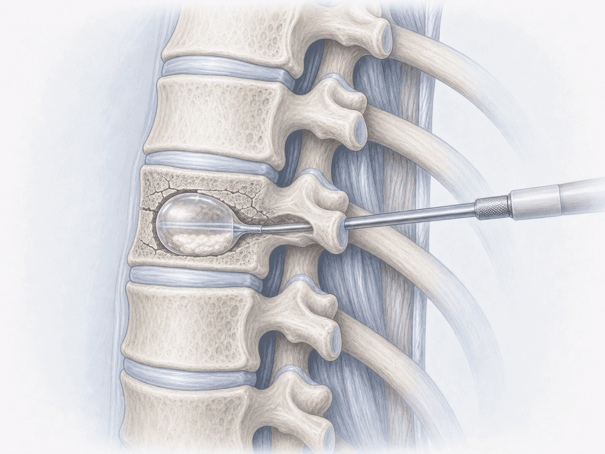 Ilustración de cifoplastia torácica: balón inflable restaurando la altura del cuerpo vertebral y cemento óseo PMMA estabilizando la fractura.