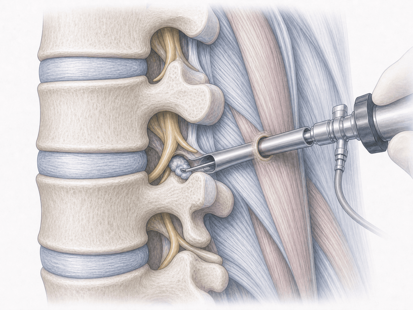 Endoscopic spine surgery illustration: working-channel spinal endoscope removing a disc herniation fragment under continuous irrigation.