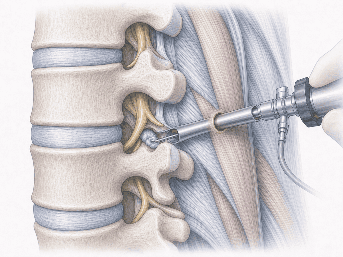 Ilustración de cirugía endoscópica de columna: endoscopio espinal con canal de trabajo retirando fragmento de hernia discal bajo irrigación continua.