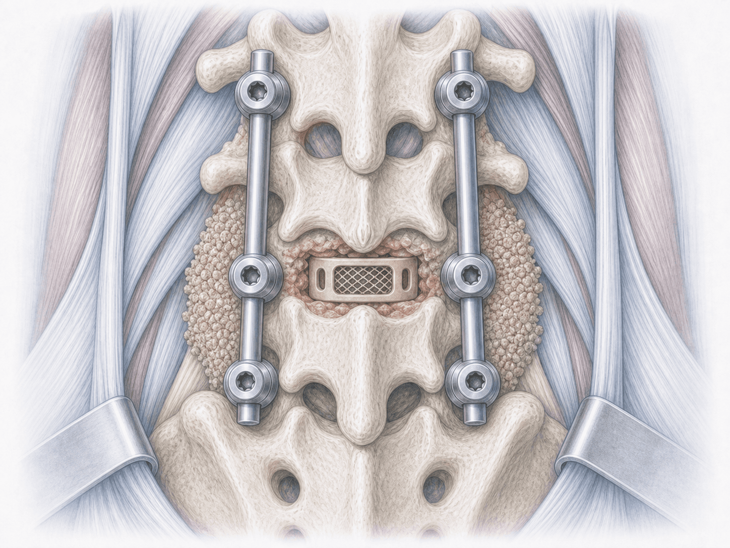 Ilustración de cirugía de espondilodiscitis con desbridamiento del espacio discal infectado, caja intersomática y tornillos pediculares de titanio.