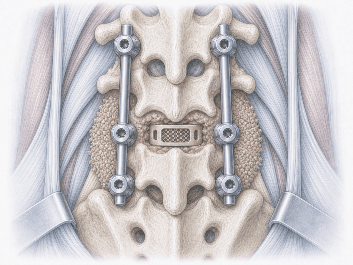 Ilustración de cirugía de espondilodiscitis con desbridamiento del espacio discal infectado, caja intersomática y tornillos pediculares de titanio.