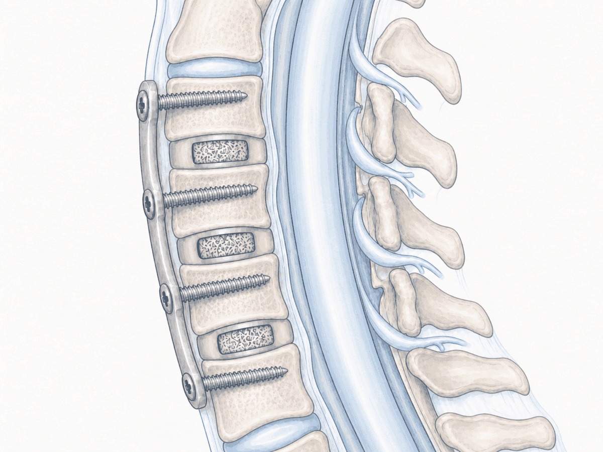 Illustration einer multisegmentalen zervikalen Dekompression zur Erweiterung des Spinalkanals bei multisegmentaler Stenose.
