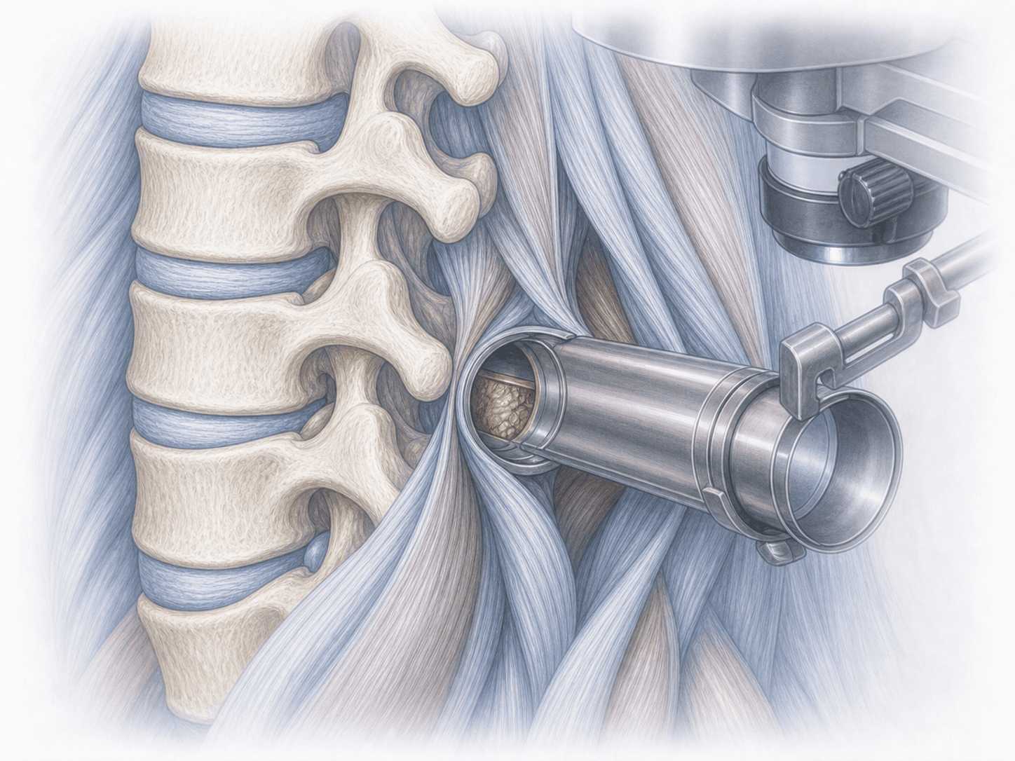 Illustration of minimally invasive spine surgery with a tubular system dilated through the paraspinal muscle and a surgical microscope positioned over the working tube.