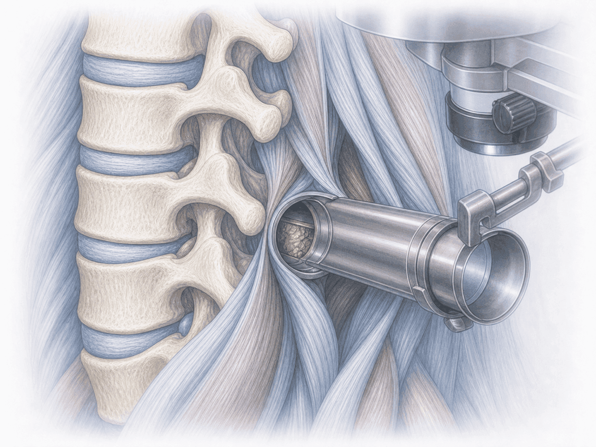 Ilustración de cirugía mínimamente invasiva de columna con sistema tubular dilatado a través del músculo paravertebral y microscopio quirúrgico sobre el tubo de trabajo.