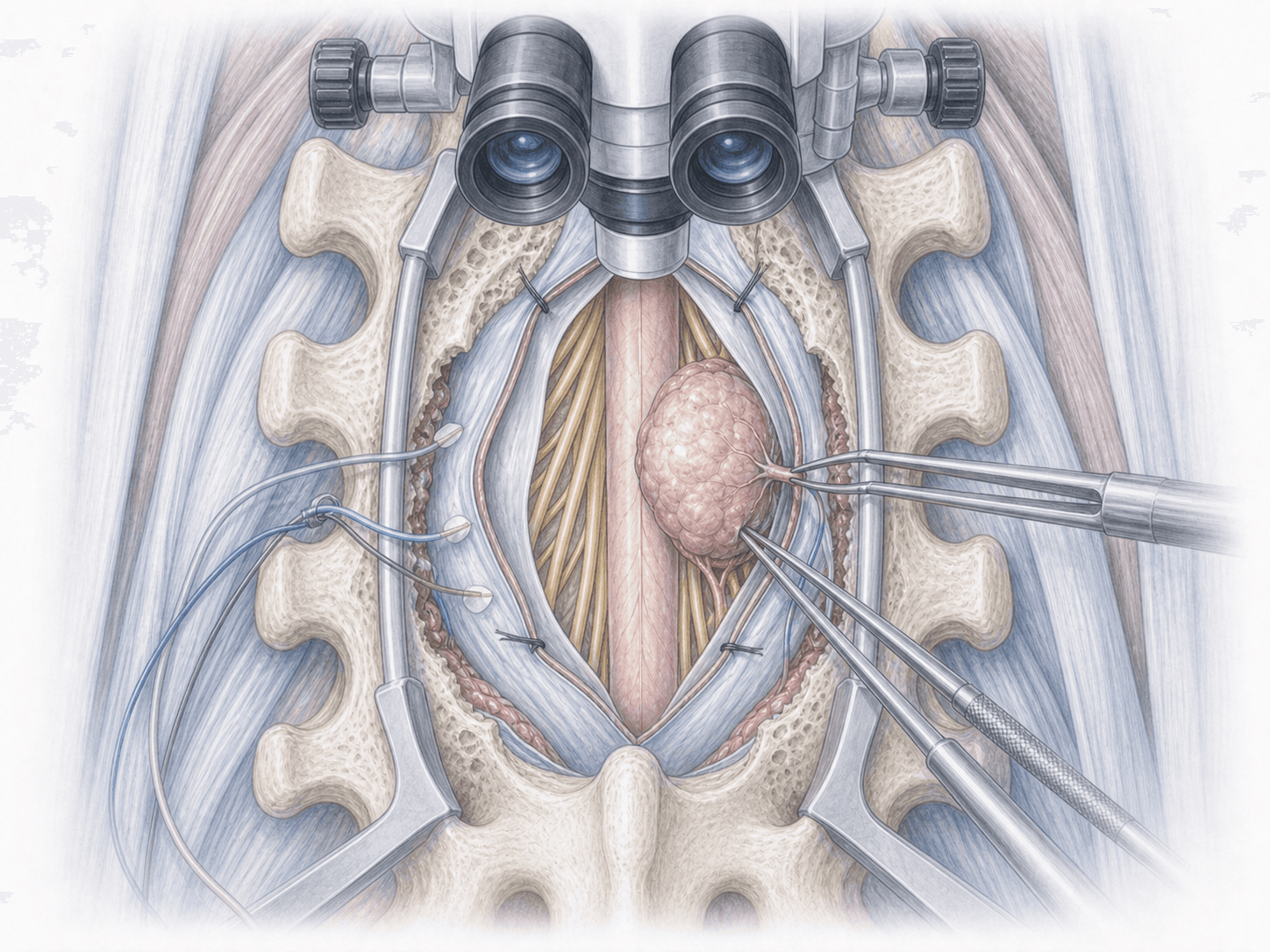 Ilustración de microcirugía resecando un meningioma intradural extramedular con neuromonitorización intraoperatoria.