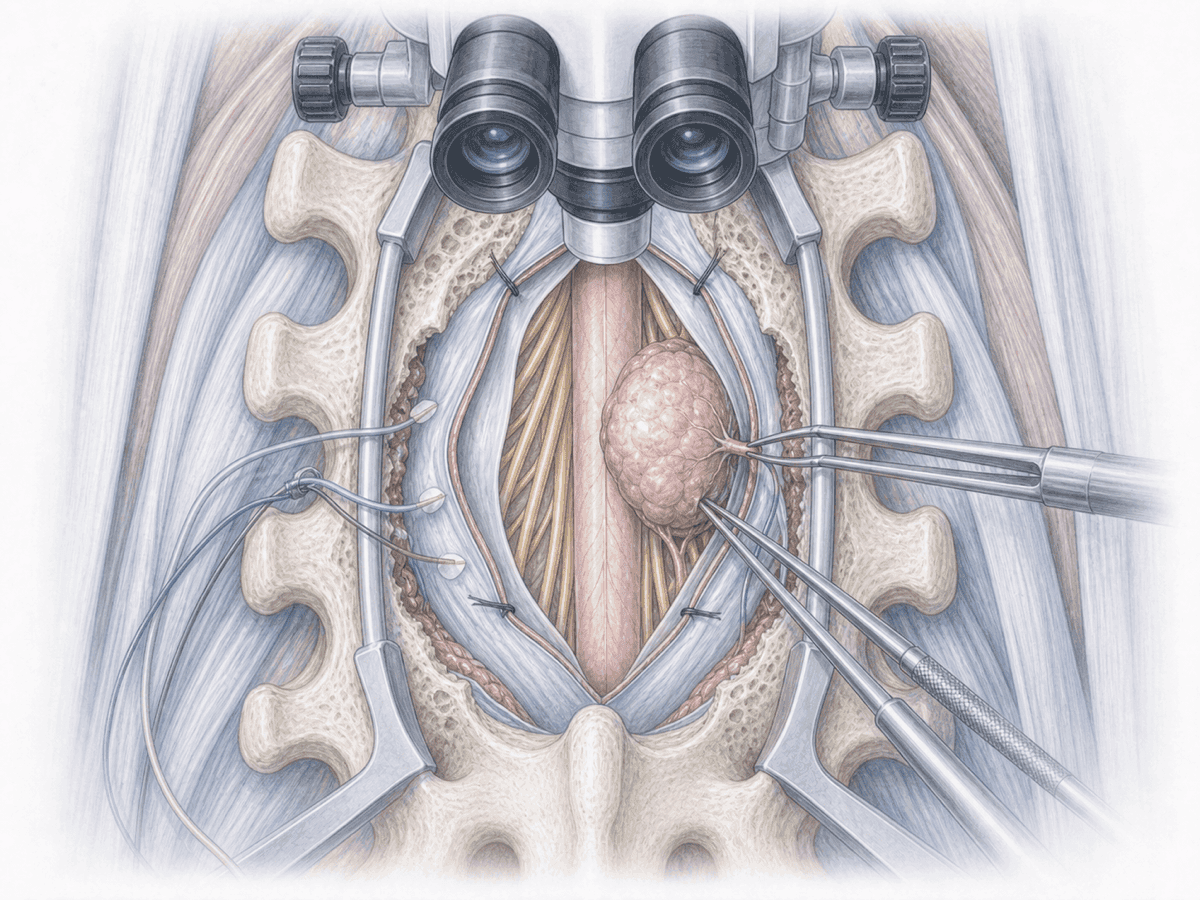 Ilustración de microcirugía resecando un meningioma intradural extramedular con neuromonitorización intraoperatoria.