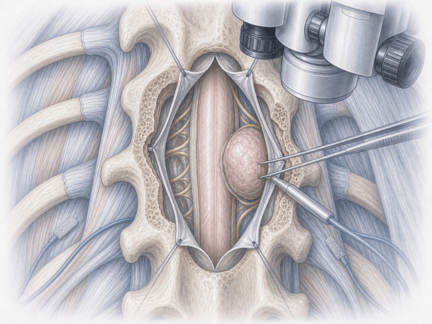 Ilustración de microcirugía resecando un schwannoma intradural en columna torácica T6 con neuromonitorización medular.
