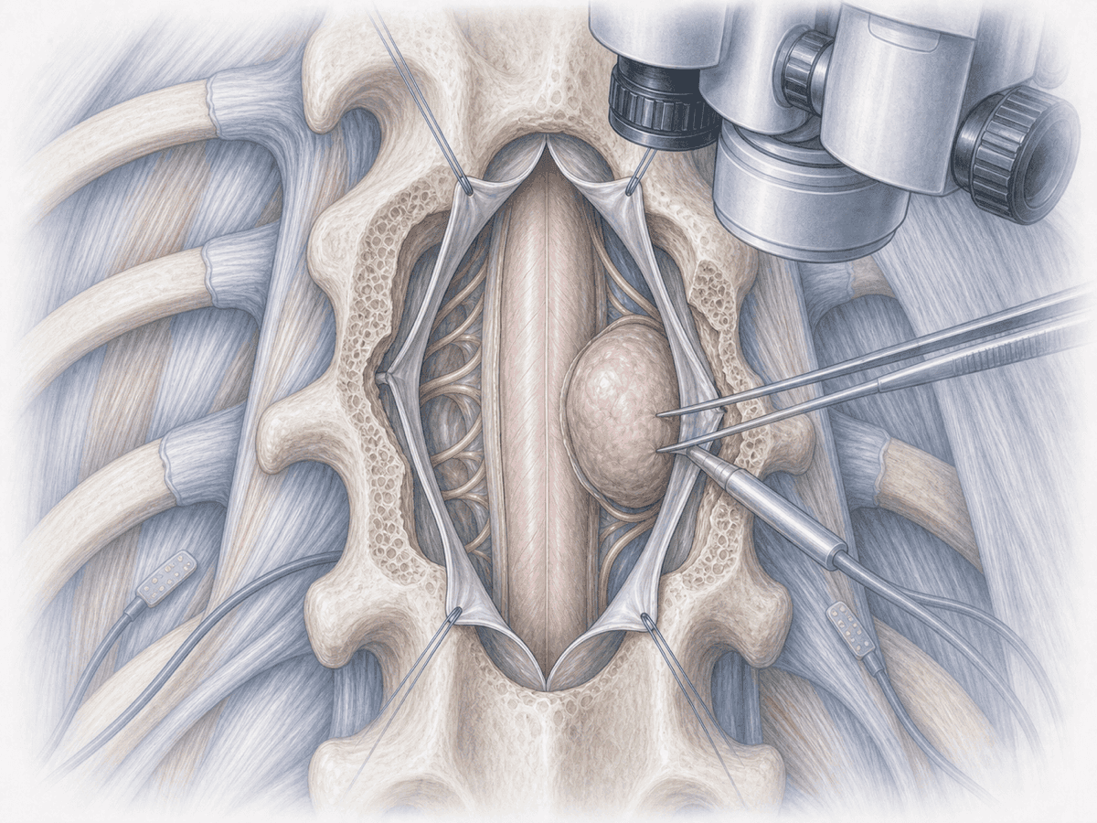 Ilustración de microcirugía resecando un schwannoma intradural en columna torácica T6 con neuromonitorización medular.