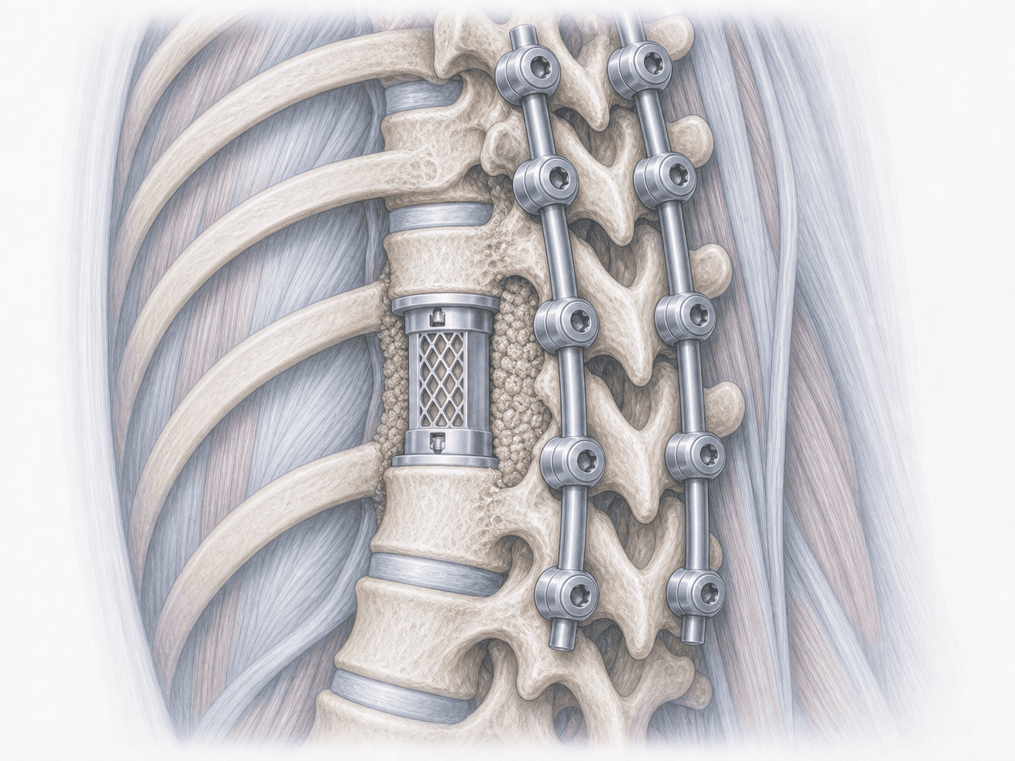 Ilustración de resección en bloque según clasificación WBB de un cuerpo vertebral con tumor primario y reconstrucción mediante caja intersomática y tornillos pediculares.