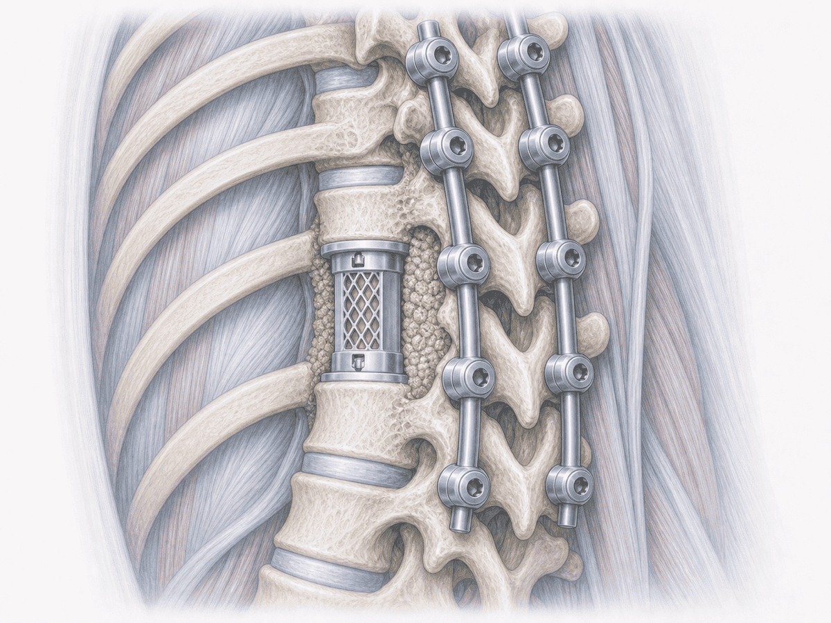 Ilustración de resección en bloque según clasificación WBB de un cuerpo vertebral con tumor primario y reconstrucción mediante caja intersomática y tornillos pediculares.