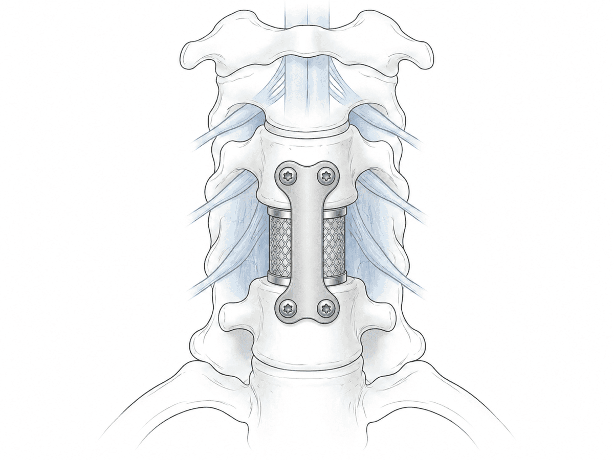 Ilustración de corpectomía cervical con caja estructural y placa anterior tras retirar el cuerpo vertebral.