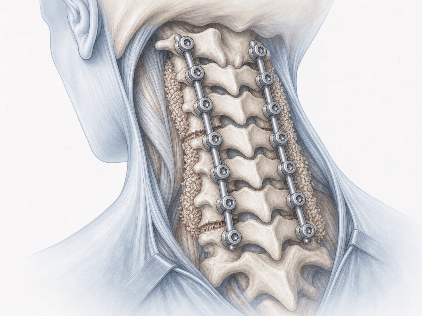 Ilustración de corrección de cifosis cervical con osteotomías posteriores e instrumentación con tornillos en masas laterales y pedículos para realinear el cuello.