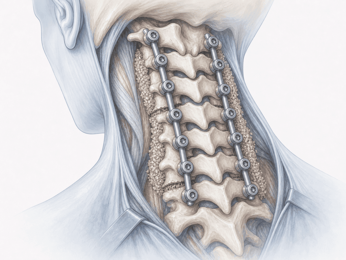 Ilustración de corrección de cifosis cervical con osteotomías posteriores e instrumentación con tornillos en masas laterales y pedículos para realinear el cuello.