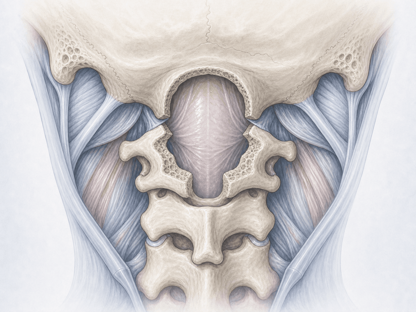 Ilustración de descompresión cráneo-cervical para Chiari I con craniectomía suboccipital y laminectomía del arco posterior de C1.