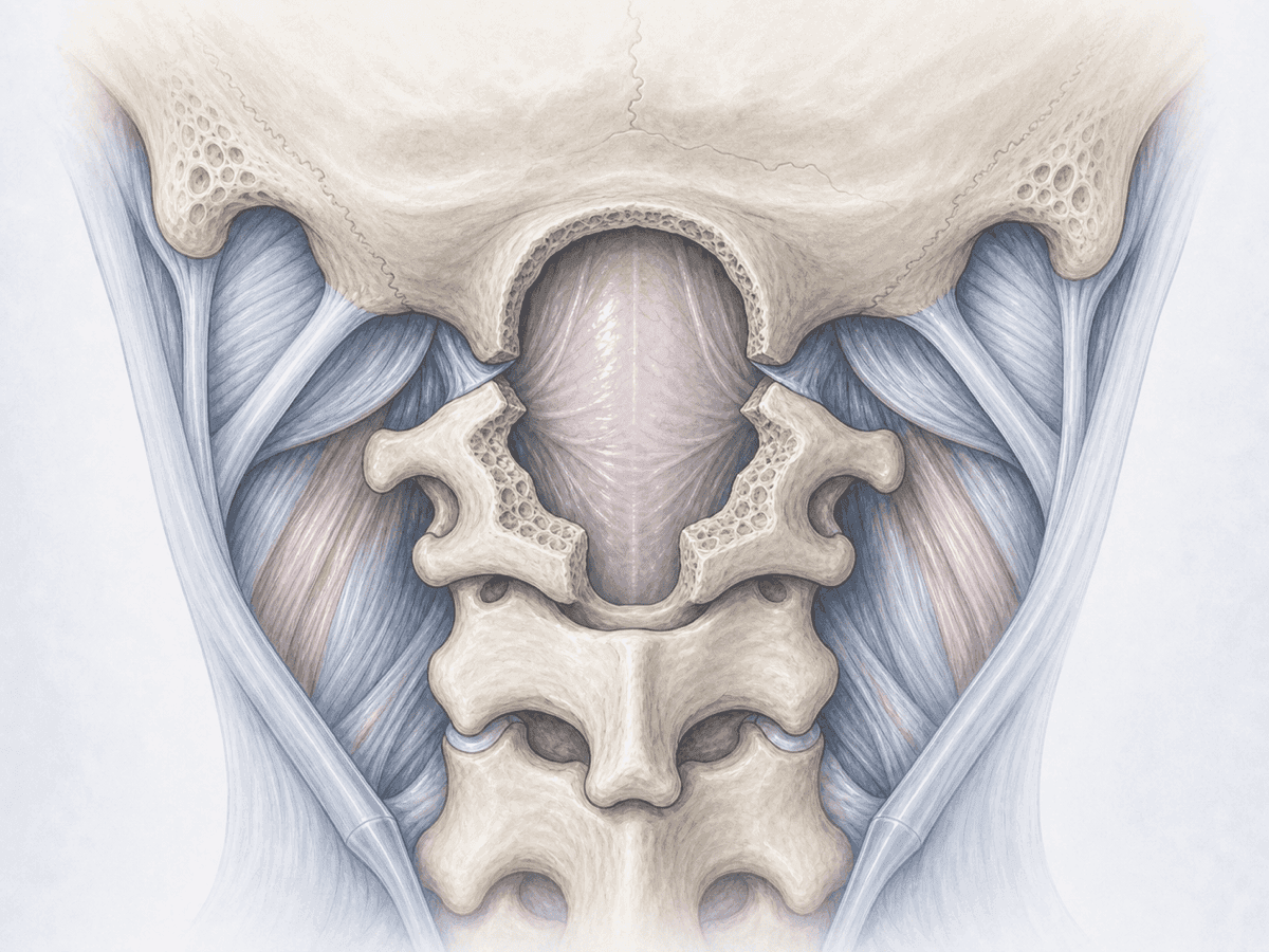 Ilustración de descompresión cráneo-cervical para Chiari I con craniectomía suboccipital y laminectomía del arco posterior de C1.