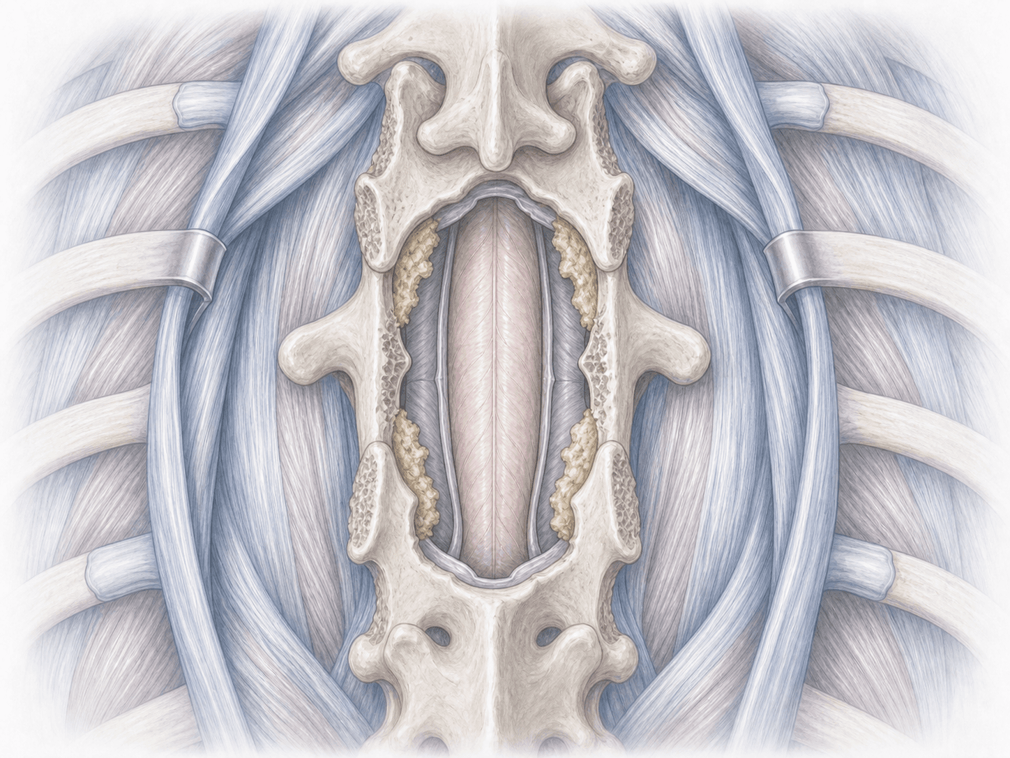 Ilustración de laminectomía torácica con flavectomía amplia que descomprime la médula espinal a nivel dorsal.