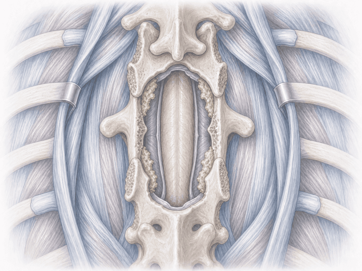 Ilustración de laminectomía torácica con flavectomía amplia que descomprime la médula espinal a nivel dorsal.