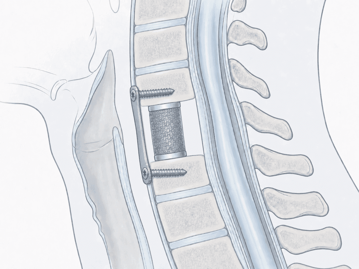 Illustration der zervikalen Rückenmarkdekompression mit freigelegtem Spinalkanal und entlastetem Rückenmark.