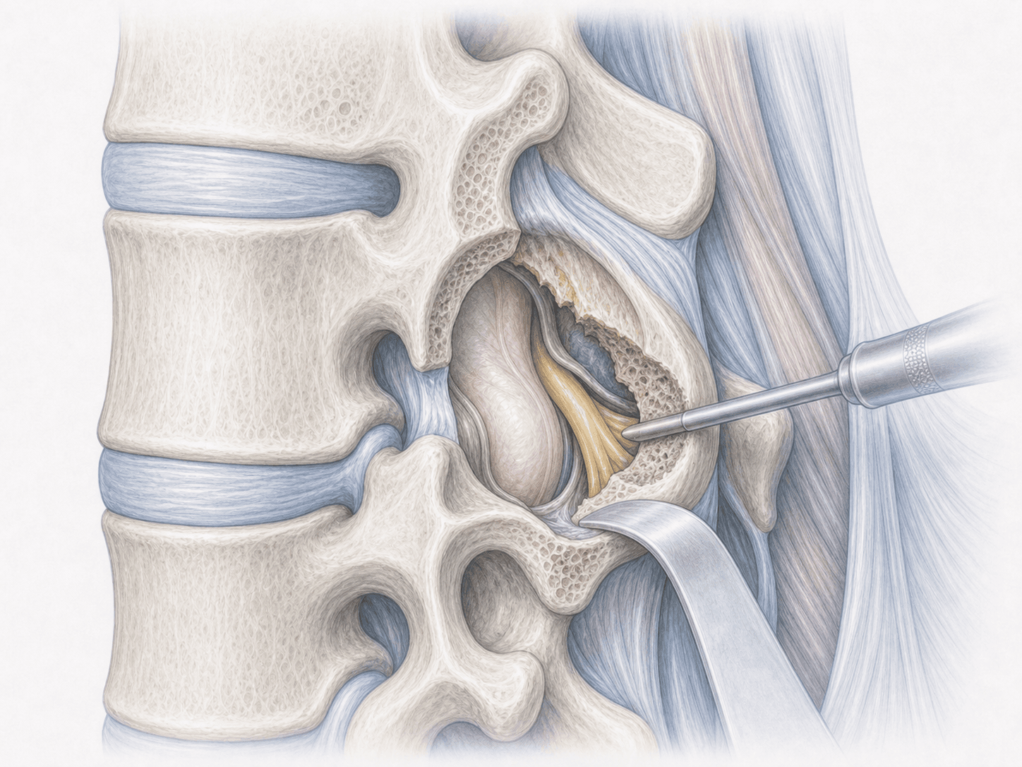 Illustration of lumbar lateral recess decompression with microsurgical undercutting, freeing the nerve root while preserving the facet joint.