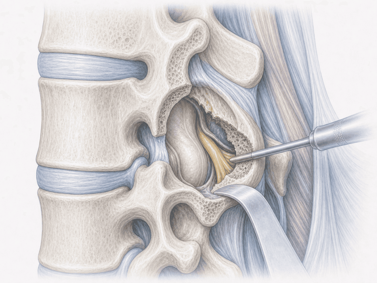 Ilustración de descompresión del receso lateral lumbar mediante undercutting microquirúrgico, liberando la raíz nerviosa y preservando la articulación facetaria.